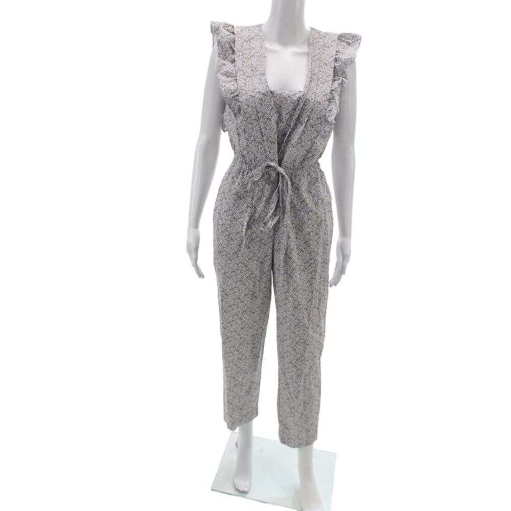 La Vie Women Jumpsuit Blue Floral Square Neck Sleeveless 100% Cotton Size XS